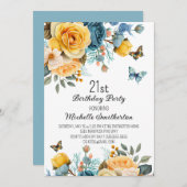 イエローダスティブルーバラ蝶21st誕生日 招待状 (正面/裏面)