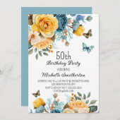 イエローダスティブルーバラ蝶50誕生日 招待状 (正面/裏面)