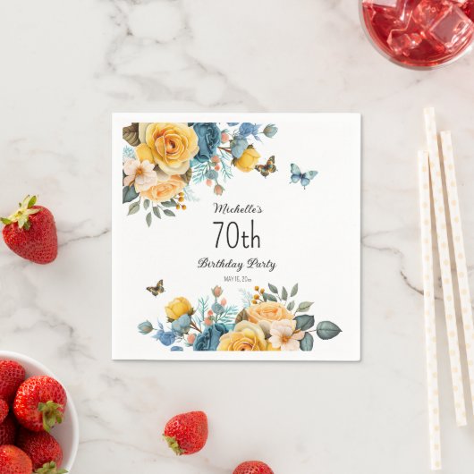 イエローダスティブルーバラ蝶70誕生日 スタンダードカクテルナプキン (インサイチュ)