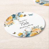 イエローダスティブルーバラ蝶70誕生日 ラウンドペーパーコースター (アングル)