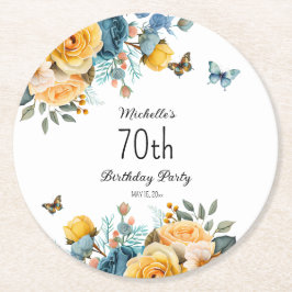 イエローダスティブルーバラ蝶70誕生日 ラウンドペーパーコースター