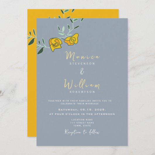 イエローダスティブルーフローラ結婚式招待状 招待状 (正面/裏面)