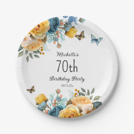 イエローダスティブルーローズバタフライ70歳の誕生日 ペーパープレート