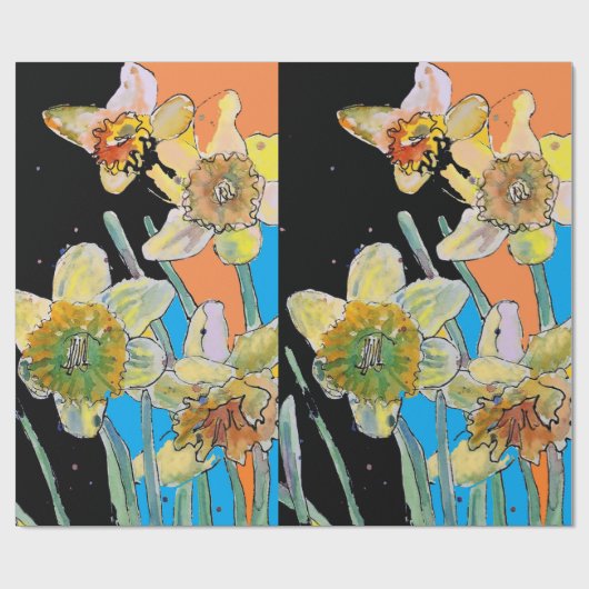 イエローダッフォディルブルー春の花アートウォーターカラー ラッピングペーパー (フラット)