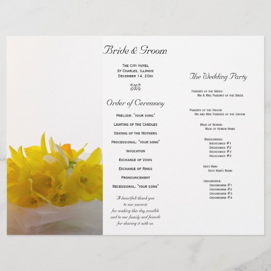 イエローダッフルオンホワイトトリフォールド結婚式 プログラム (正面)