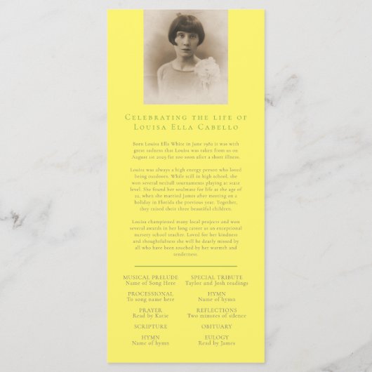 イエローダフォディルの明るい葬儀のメモリアル プログラム (裏面)