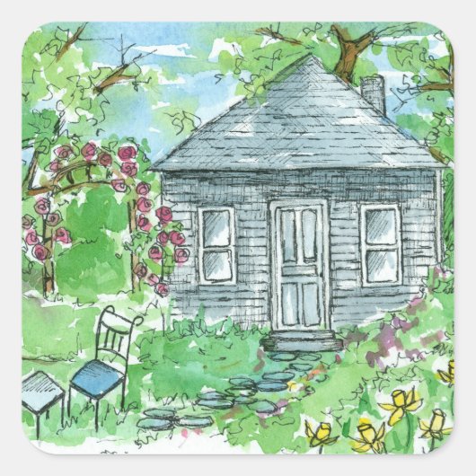 イエローダフォディルコテージウォーターカラーハウス絵画ズ スクエアシール (正面)