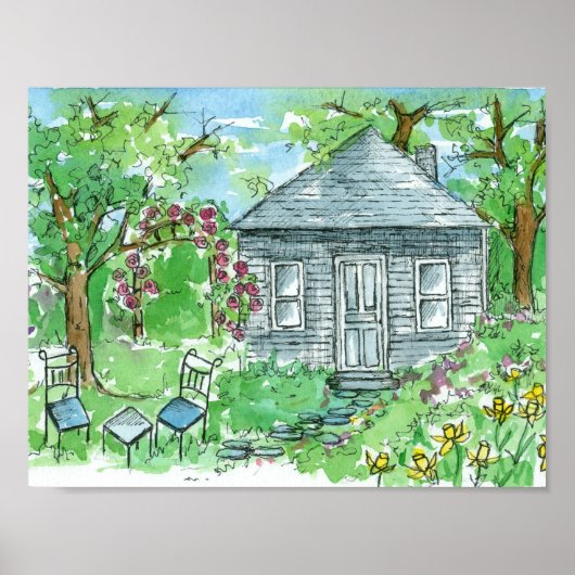 イエローダフォディルコテージウォーターカラーハウス ポスター (正面)