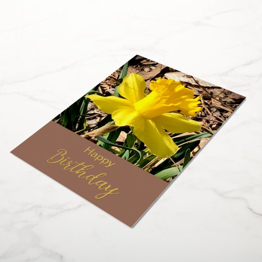 イエローダフォディルハッピーバースデー金ゴールド 箔シーズンカード (回転した状態)