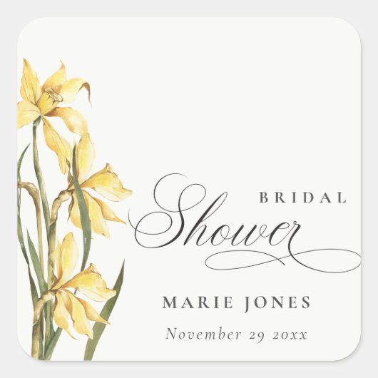 イエローダフォディルフローラ水彩ブライダルシャワー スクエアシール (正面)