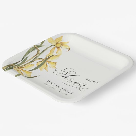 イエローダフォディルフローラ水彩ブライダルシャワー ペーパープレート (傾斜あり)