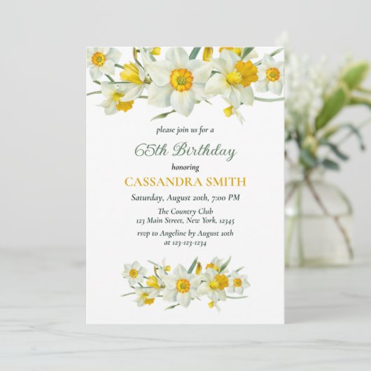 イエローダフォディル春素朴フローラ誕生日 招待状 (スタンド正面)