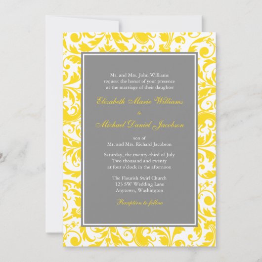 イエローダマスクとグレーダマスクの渦巻き結婚式招待状 招待状 (正面)