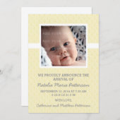 イエローダマスクフレーム写真ベビーのお知らせ 案内状 (正面/裏面)