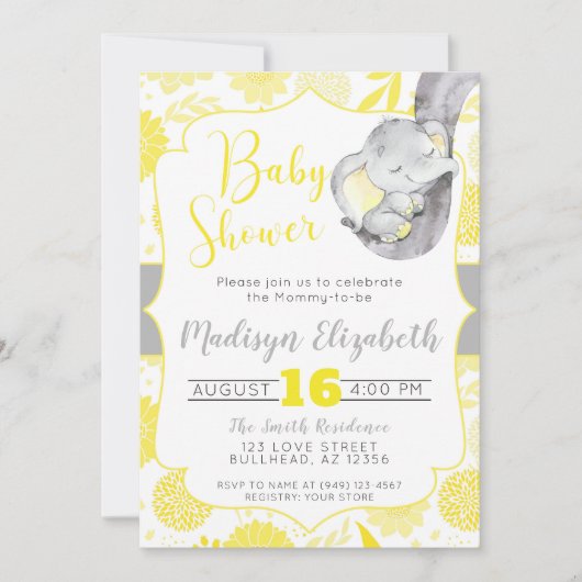 イエローダリアスベビーゾウ少年ベビーシャワー 招待状 (正面)