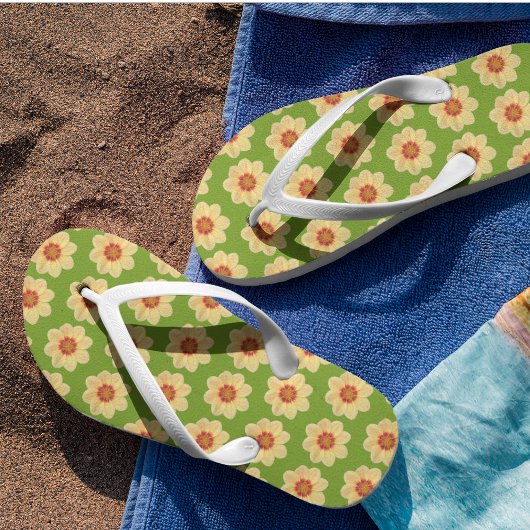 イエローダリアフローラルパターンオングリーン ビーチサンダル