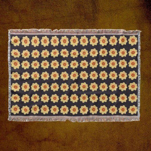 イエローダリアフローラルパターンオンブラック スローブランケット