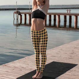 イエローダリアフローラルパターンオンブラック レギンス