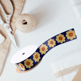 イエローダリアフローラルパターンオンブルー サテンリボン