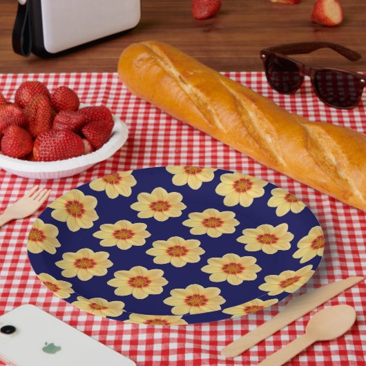 イエローダリアフローラルパターンオンブルー ペーパープレート (ピクニック)