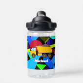 イエローダンプトラックカラフル、幾何形状、名前 ウォーターボトル (背面)