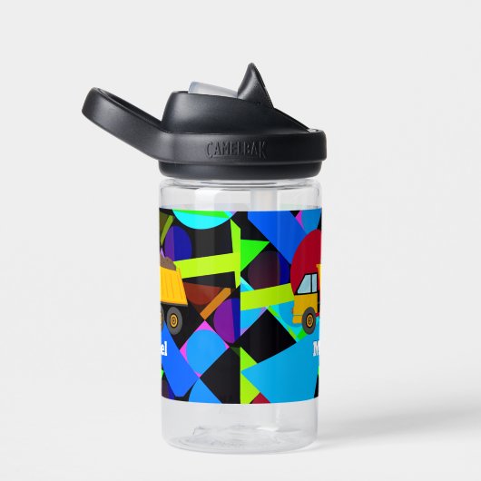 イエローダンプトラックカラフル、幾何形状、名前 ウォーターボトル (右面)