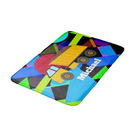 イエローダンプトラックカラフル、幾何形状、名前 バスマット (アングル)