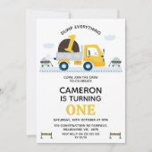 イエローダンプトラックダンプすべて1st誕生日 招待状 (正面)