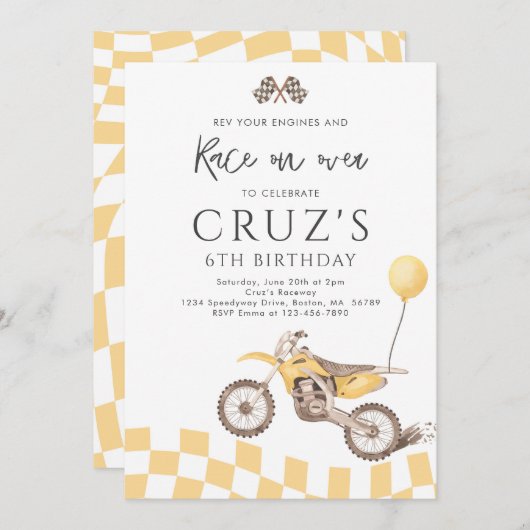イエローダートバイクモトクロスレーシング誕生日パーティー 招待状 (正面/裏面)