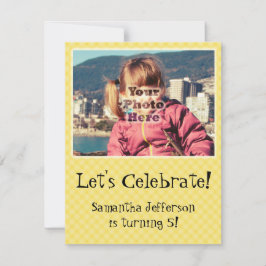 イエローチェックかわいい写真バースデーパーティ招待状 招待状