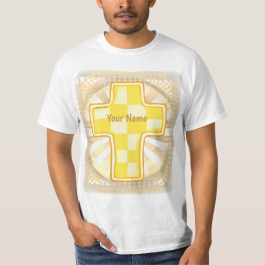 イエローチェックのキリスト教の十字架 Tシャツ (正面)