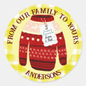 イエローチェック醜いセーター名メリークリスマス ラウンドシール (正面)