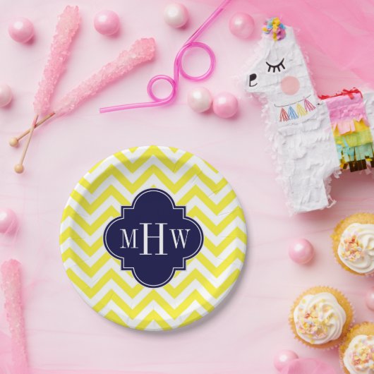 イエローチャンシェブロン海軍クローバー3モノグラム ペーパープレート (パーティー)