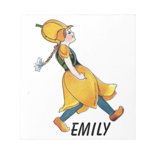 イエローチューリップかわいいフラワーチャイルドおもしろいガール ノートパッド (正面)