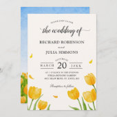 イエローチューリップフローラ植物水結婚色 招待状 (正面/裏面)