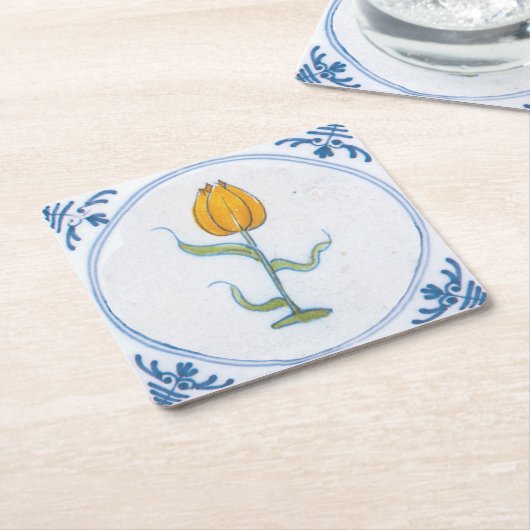イエローチューリップヴィンテージデルフトアート紙コースター スクエアペーパーコースター (アングル)