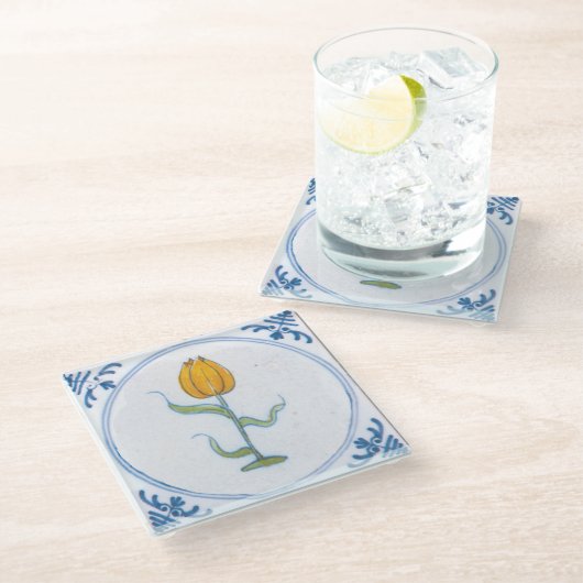 イエローチューリップヴィンテージデルフトアート ガラスコースター (アングル)