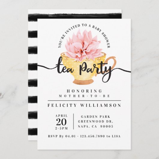 イエローティーカップティーパーティーベビーシャワー招待状 招待状 (正面/裏面)