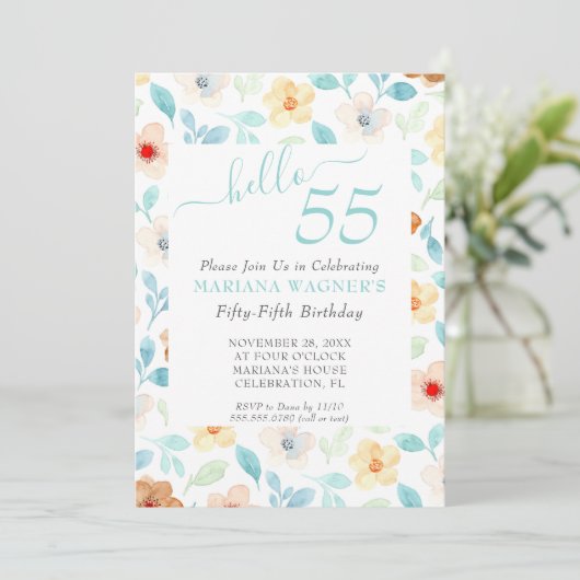 イエローティール（緑がかった色）エレガントフローラ55誕生日 招待状 (スタンド正面)