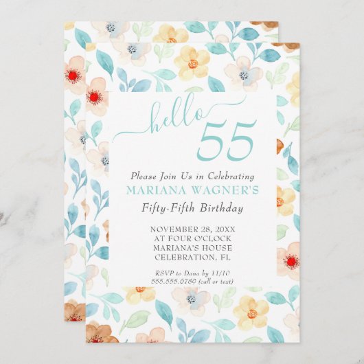 イエローティール(緑がかった色)エレガントフローラ55誕生日 招待状 (正面/裏面)