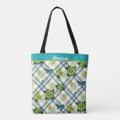 イエローティール(緑がかった色)タトゥーバラ蝶プレイド トートバッグ (裏面)