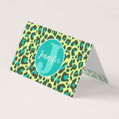 イエローティール（緑がかった色）ヒョウ柄かわいいロカビリー 名刺 (正面)