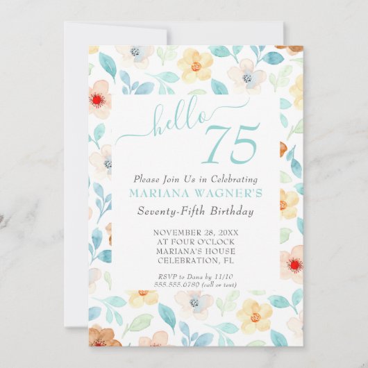 イエローティール(緑がかった色)フローラ75番目誕生日 招待状 (正面)