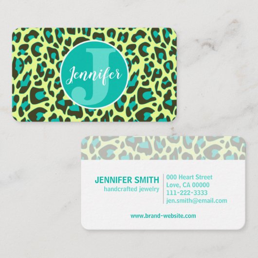 イエローティール(緑がかった色)レオパードプリントロカビリーパターンキュート 名刺 (正面/裏面)