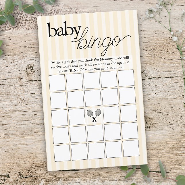 イエローテニスシ名門私立校風のックビンゴベビーシャワーゲーム (yellow tennis theme blank baby shower bingo game sheet)