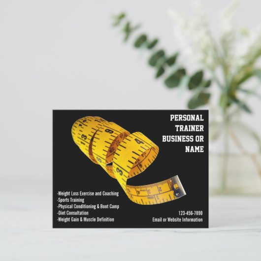 イエローテープメジャーパーソナルトレーナー重量損失 ポストカード (スタンド正面)