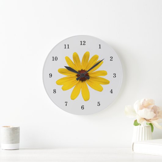 イエローデイジーかわいい植物園グレー ラージ壁時計 (ホーム)