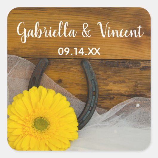 イエローデイジーと馬蹄地方ウェスタン結婚ズ スクエアシール (正面)