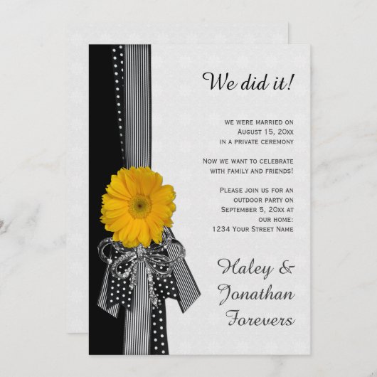 イエローデイジー白黒ダマスク披露宴のみ 招待状 (正面/裏面)
