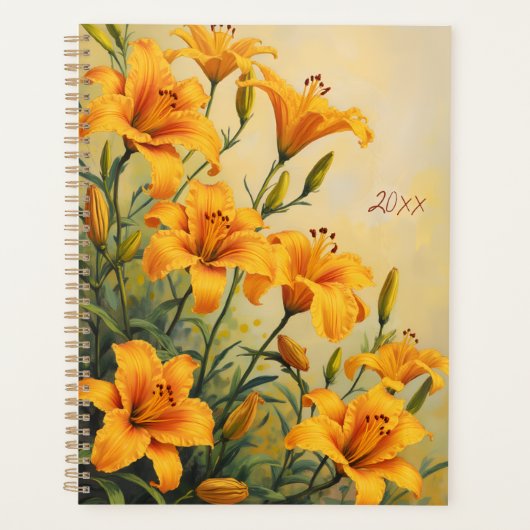 イエローデイリリーの花のスパイラル綴じ植物画 プランナー手帳 (正面)